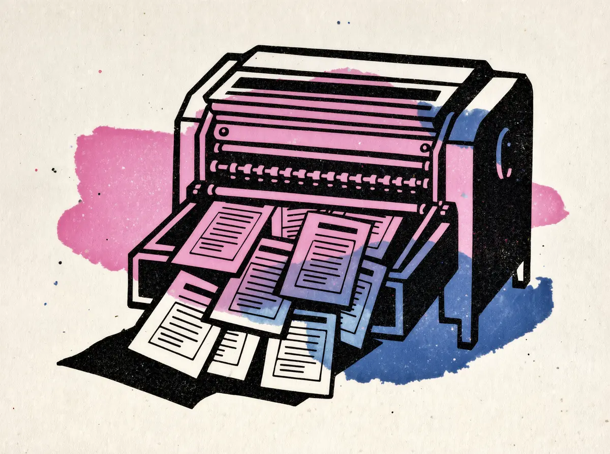 A two-colour risograph print of a duplicator press throwing a fan of report cards out of its tray